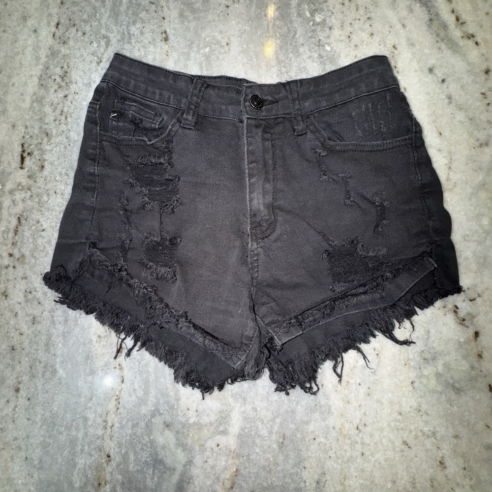 KanCan Women's 27" Black Denim Shorts Jeans Cut Off Distressed High Waist